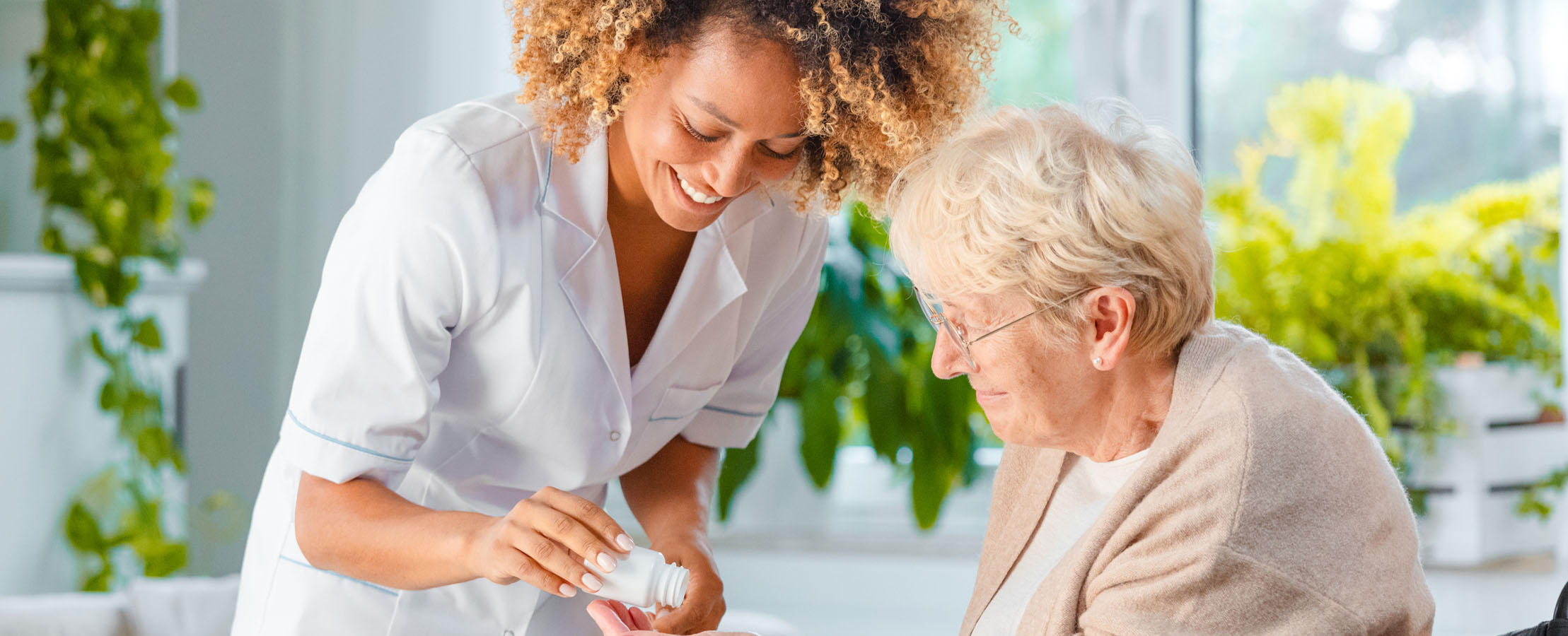 caretaker providing medication to elderly patient - New Perspective Careers Assisted Living Careers