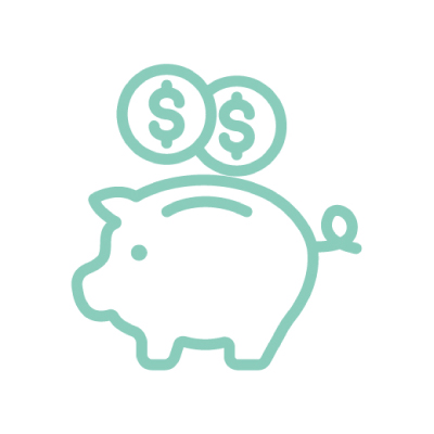 green graphic of a piggy bank with two coins - New Perspective Careers Assisted Living Careers