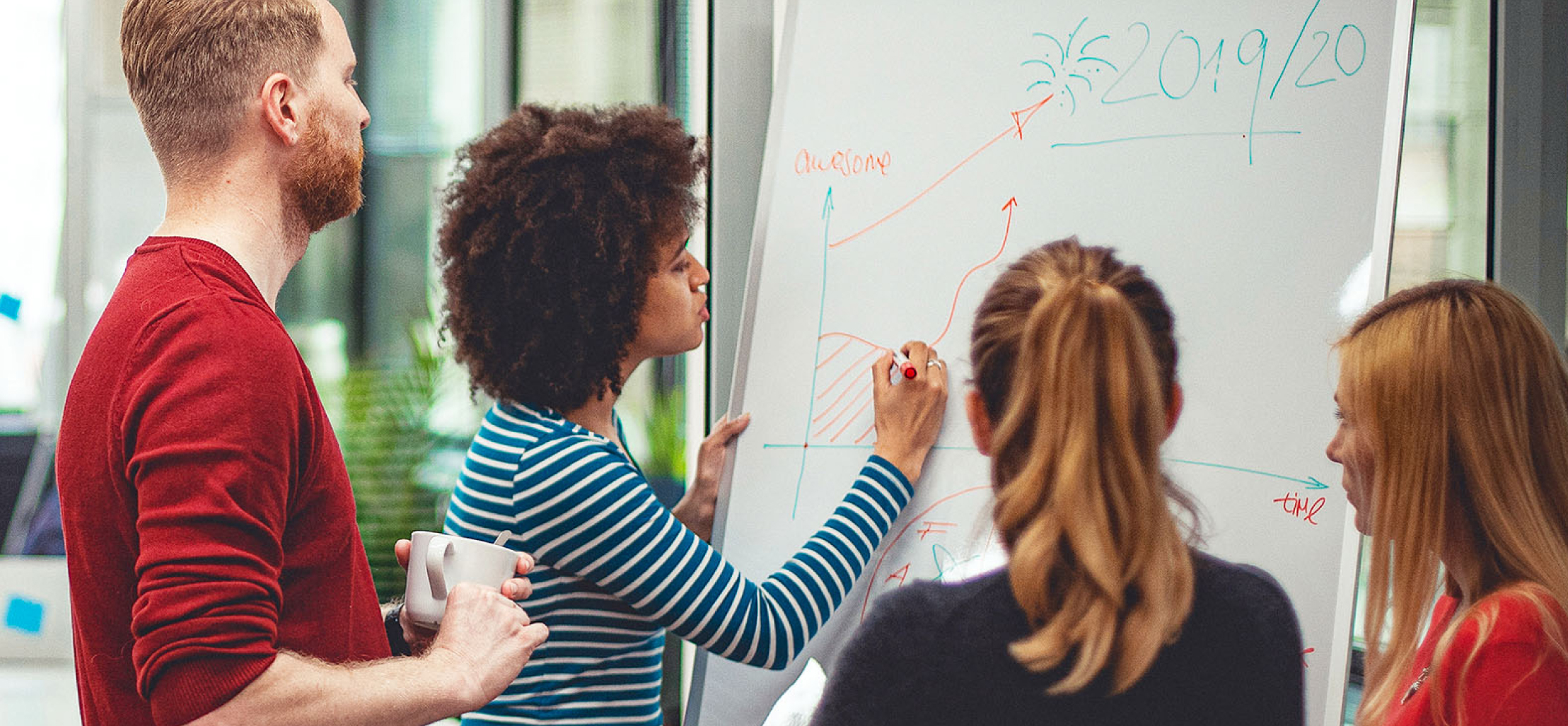 group of people writing on a whiteboard with red marker - New Perspective Careers Assisted Living Careers